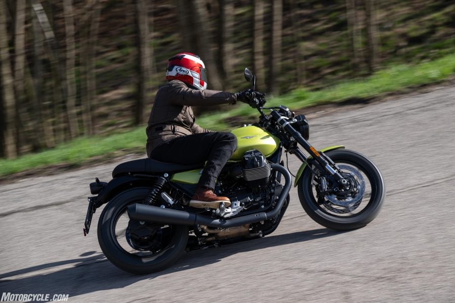 Nic de Sena heels the Guzzi over for the camera.