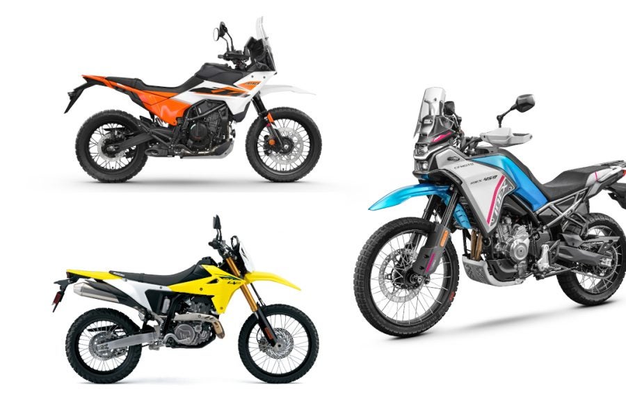 The KTM (top left), Suzuki (bottom left) and CFMOTO (right) are different bikes, but will appeal to many of the same customers.